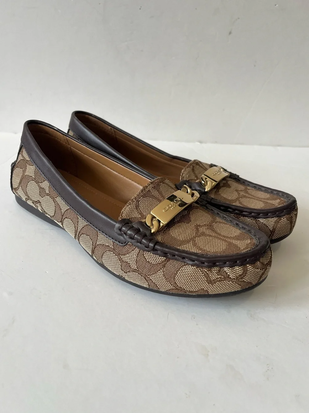 Coach olive Brown Signature logo Gold Hardware Canvas Driving Loafers size 7.5B